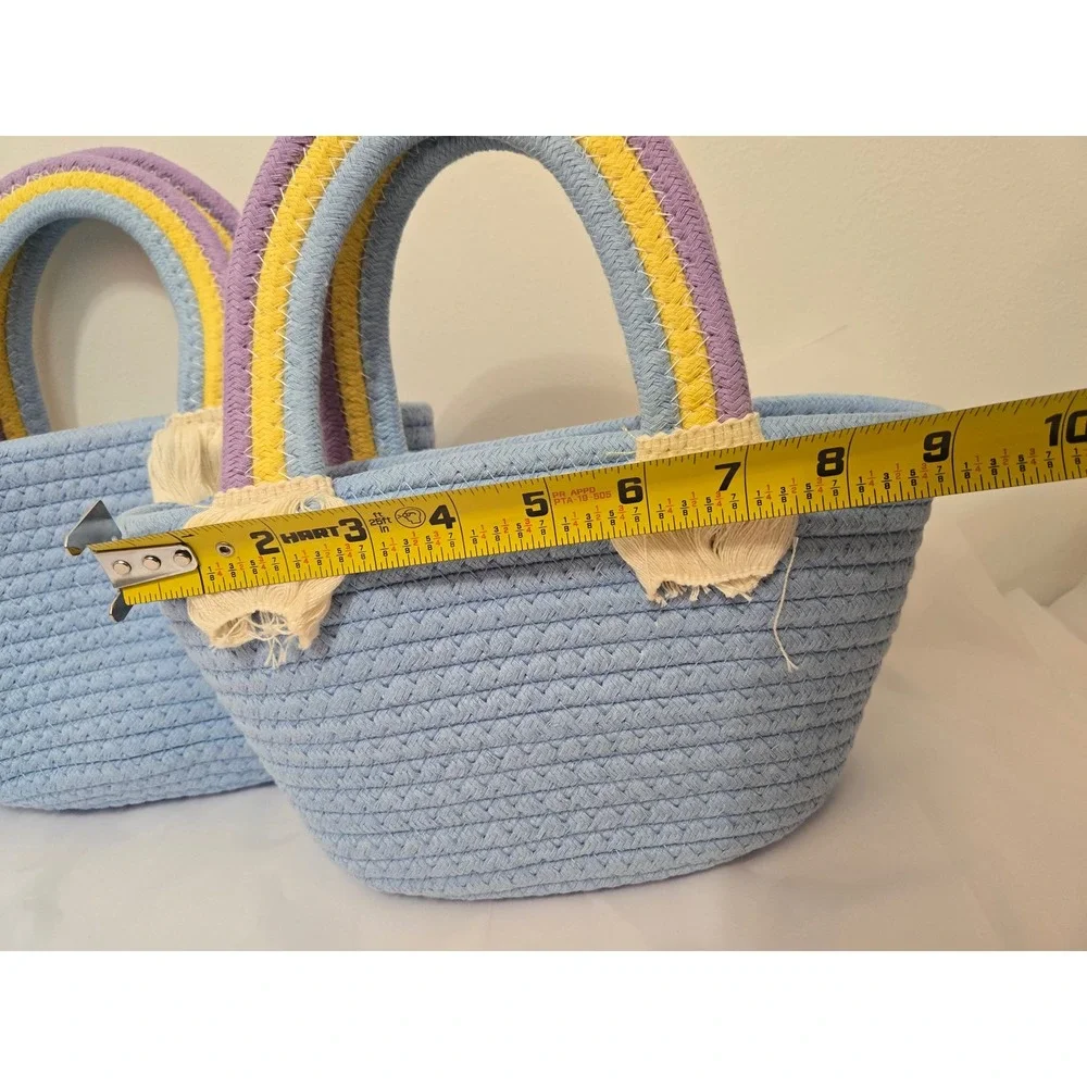 Kids Blue Rope Tote Bag Rainbow Handle Straw Beach Purse Set‎ of 2